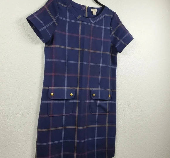 J. Crew Navy Plaid Printed Pocket Dress Size 0 Office Preppy Casual - Picture 3 of 8